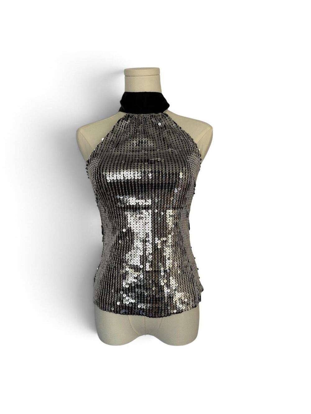 Y2K Silver Sequin Halter Top with Black Bow